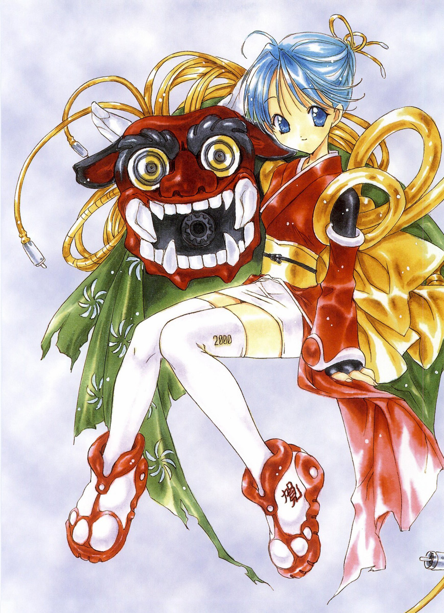nanase aoi, angel flavor, artbook, highres, bare shoulders, cable, dragon, gloves, japanese clothes, miniskirt, skirt, solo, thighhighs, zettai ryouiki