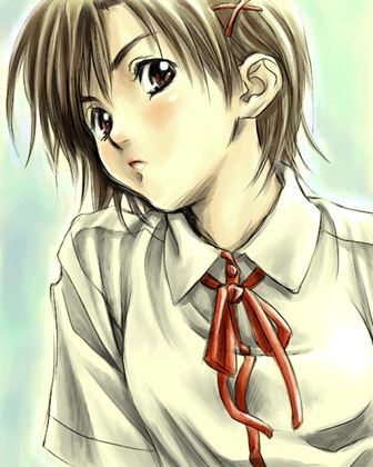lowres, 1girl, blush, brown hair, female focus, gradient background, hair ornament, hairclip, shirt, short hair, solo