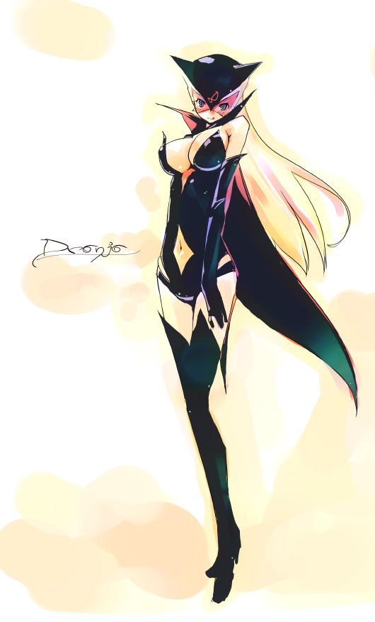 refeia, rumblefish, doronjo, tatsunoko production, time bokan (series), yatterman, 1girl, bare shoulders, black boots, black cape, black gloves, black hat, black panties, blonde hair, blush, boots, breasts, cape, character name, cleavage, closed mouth, clothing cutout, female focus, full body, gloves, hat, high heel boots, high heels, large breasts, leotard, long hair, looking at viewer, navel, navel cutout, panties, smile, solo, standing, strapless, strapless leotard, thigh boots, thighhighs, underwear