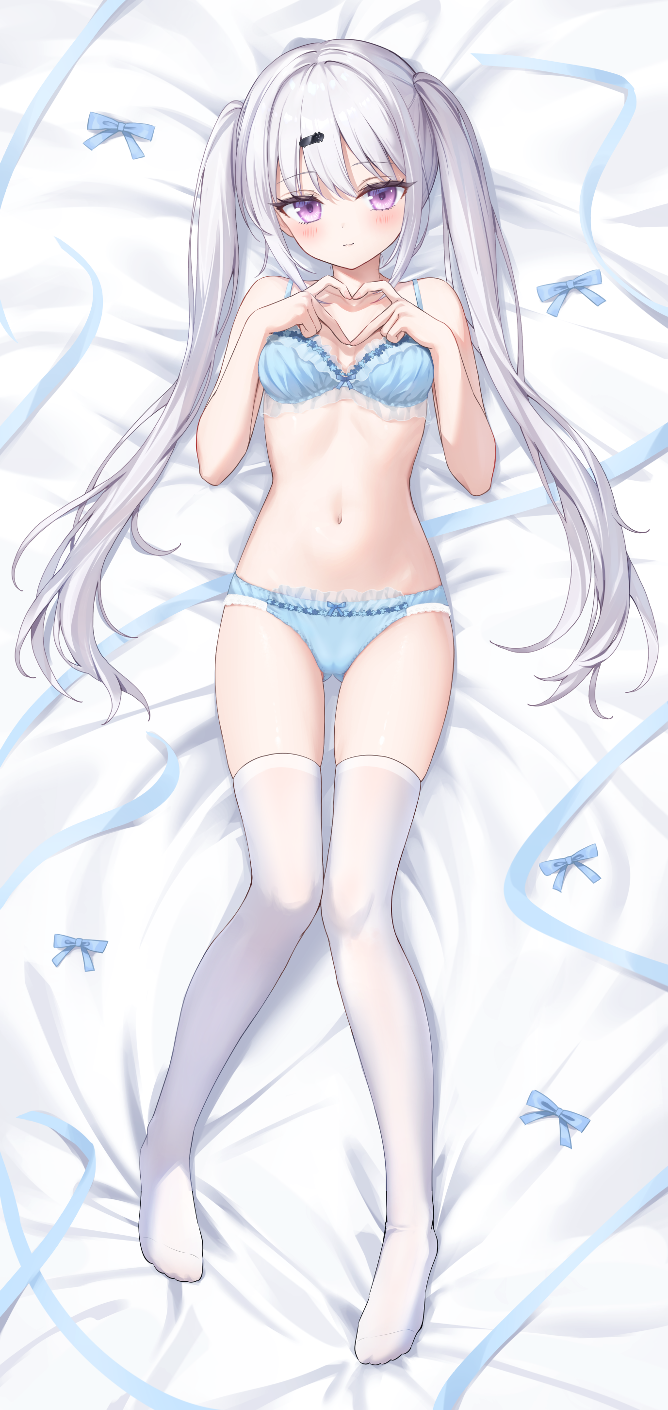 suyamori, original, absurdres, highres, 1girl, bed sheet, blue bra, blue panties, blush, bow, bow bra, bow panties, bra, breasts, cameltoe, cleavage, closed mouth, frilled bra, frilled panties, frills, from above, full body, hair ornament, hairclip, heart, heart hands, lingerie, long hair, looking at viewer, lying, navel, no shoes, on back, panties, purple eyes, thighhighs, twintails, underwear, underwear only, white hair, white thighhighs
