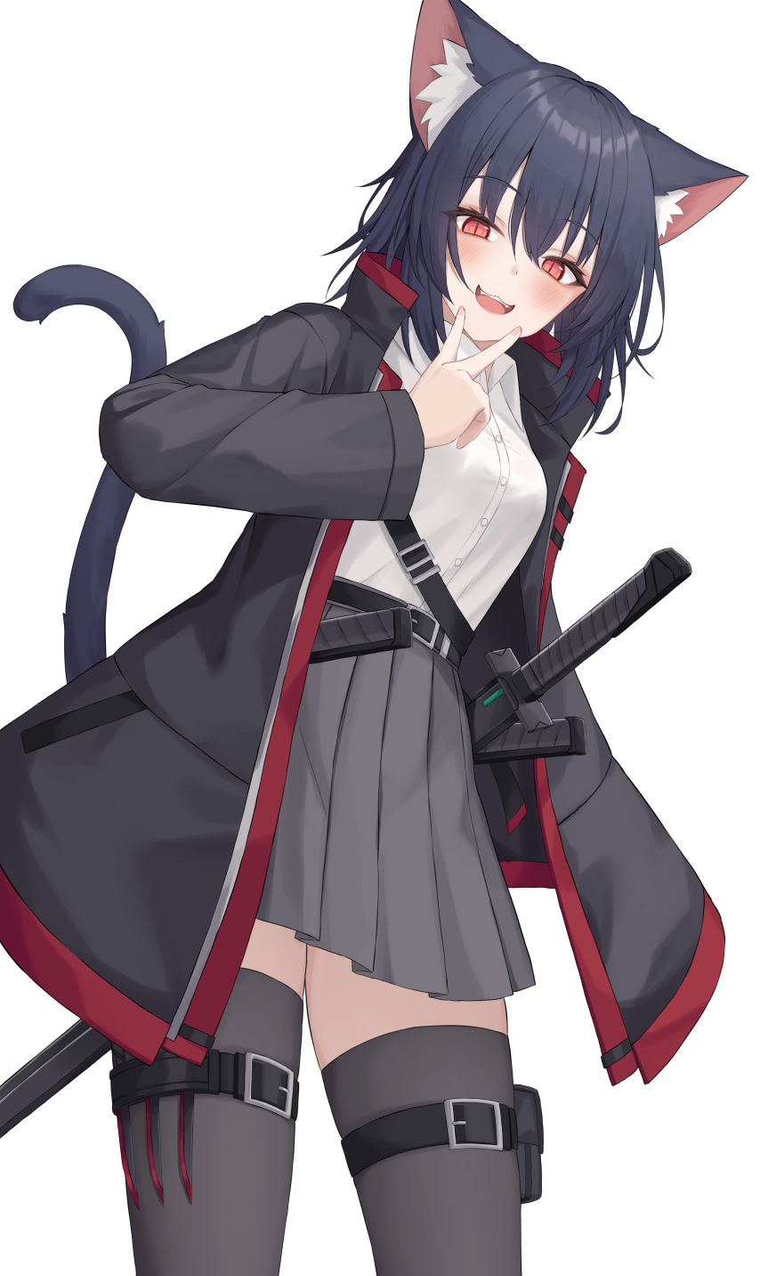 fuka kurotsuji, original, commentary request, highres, 1girl, animal ear fluff, animal ears, belt, black belt, black jacket, blue hair, blush, breasts, cat ears, cat girl, cat tail, grey shirt, grey thighhighs, jacket, katana, leaning forward, long sleeves, looking at viewer, medium breasts, medium hair, open clothes, open jacket, open mouth, pink eyes, pleated skirt, school uniform, shirt, simple background, skirt, slit pupils, smile, solo, sword, tail, thigh belt, thigh strap, thighhighs, v, weapon, white background, white shirt, zettai ryouiki