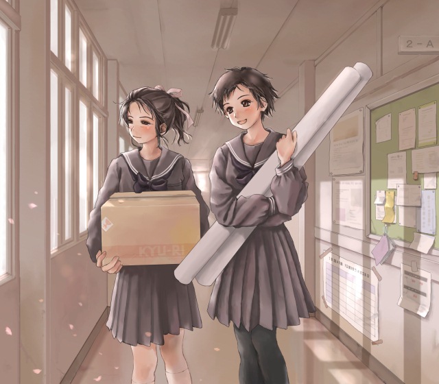 simon (kappa no kawanagare), black legwear, 2girls, box, brown hair, cherry blossoms, multiple girls, pantyhose, paper, ponytail, school, school uniform, serafuku, short hair, slice of life