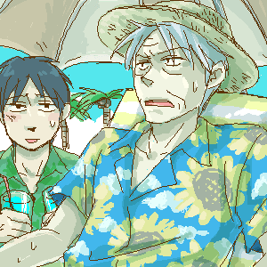 akagi shigeru, akagi, akagi: yami ni oritatta tensai, fukumoto mahjong, ten (manga), lowres, 2boys, hawaiian shirt, multiple boys, oekaki, shirt