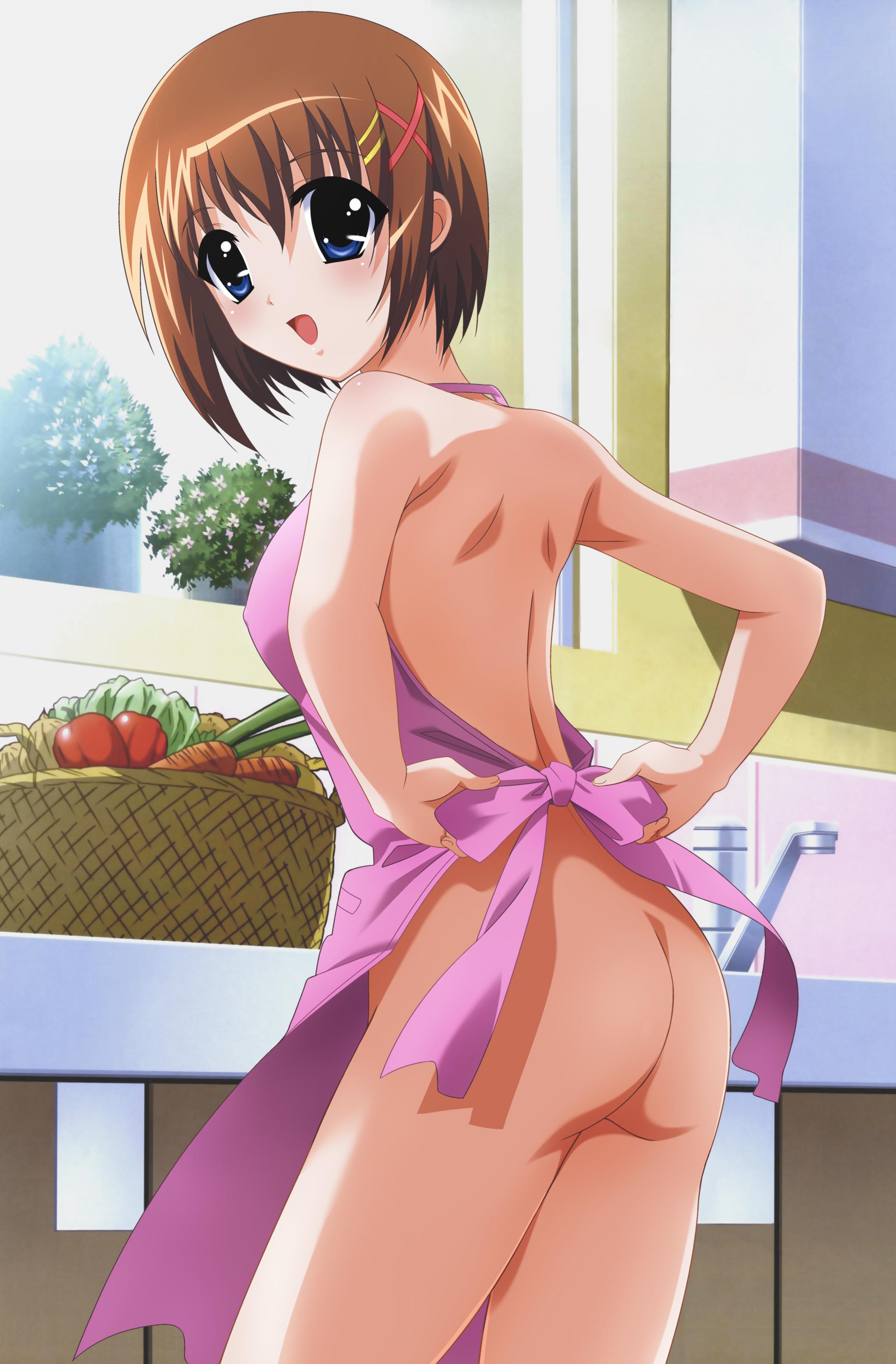 yagami hayate, lyrical nanoha, mahou shoujo lyrical nanoha, mahou shoujo lyrical nanoha strikers, absurdres, highres, nude filter, third-party edit, 00s, 1girl, apron, ass, blue eyes, breasts, brown hair, cooking, female focus, medium breasts, naked apron, no bra, no panties, solo