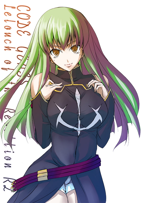hybrid-rainbow, ihara natsume, c.c., code geass, 00s, 1girl, breasts, breasts squeezed together, detached sleeves, elbow gloves, female focus, gloves, green hair, long hair, short shorts, shorts, solo, yellow eyes