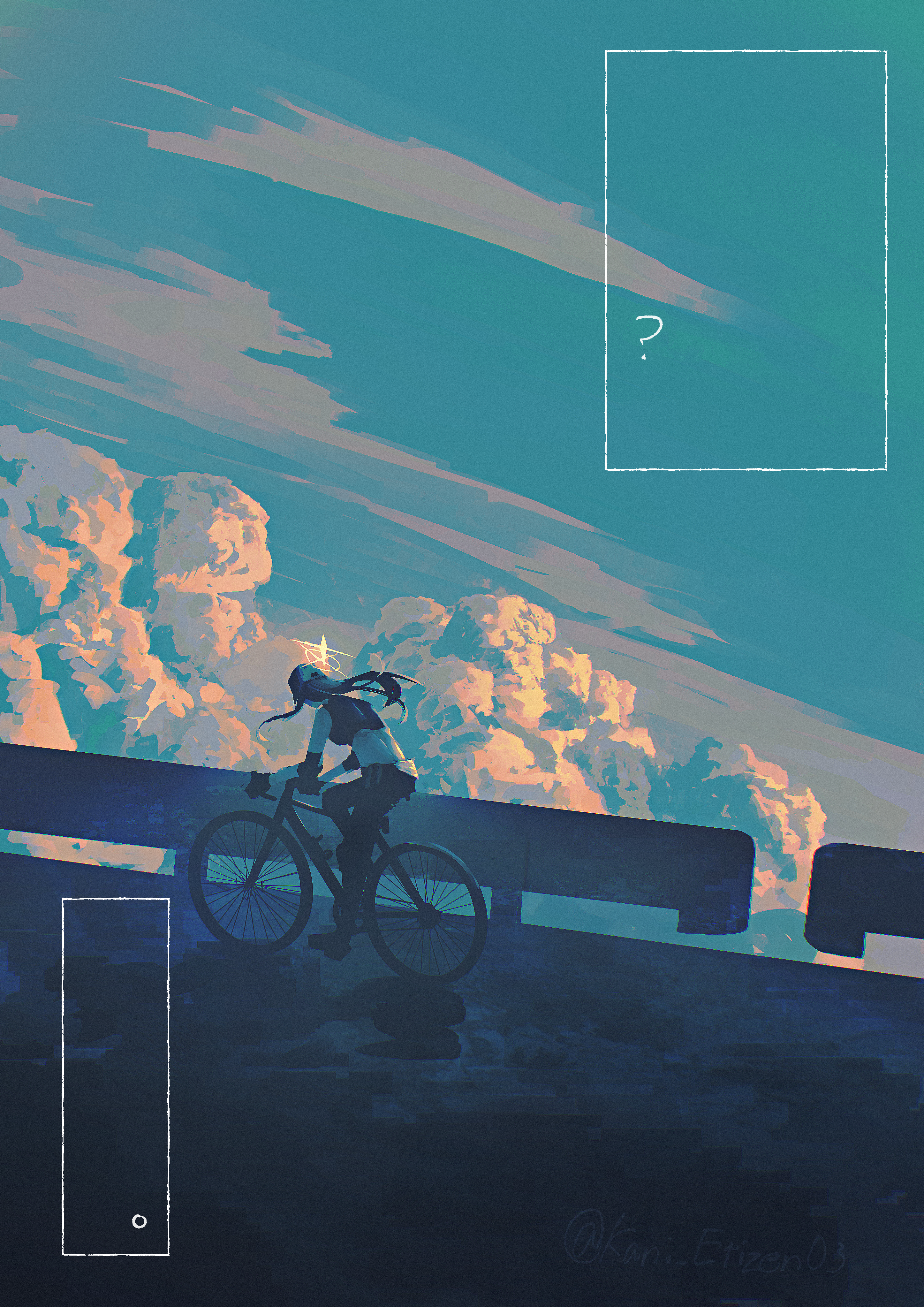 kani etizen03, saori (blue archive), blue archive, absurdres, commentary request, highres, 1girl, ?, bicycle, blue sky, cloud, from behind, outdoors, riding, riding bicycle, scenery, sky, solo, twitter username, wide shot