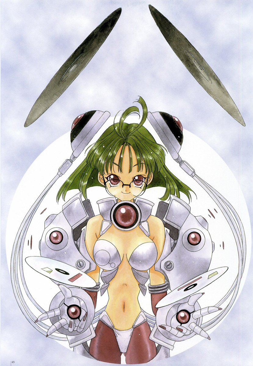 nanase aoi, angel flavor, artbook, highres, bare shoulders, brown eyes, cable, cd, glasses, gloves, green hair, midriff, solo