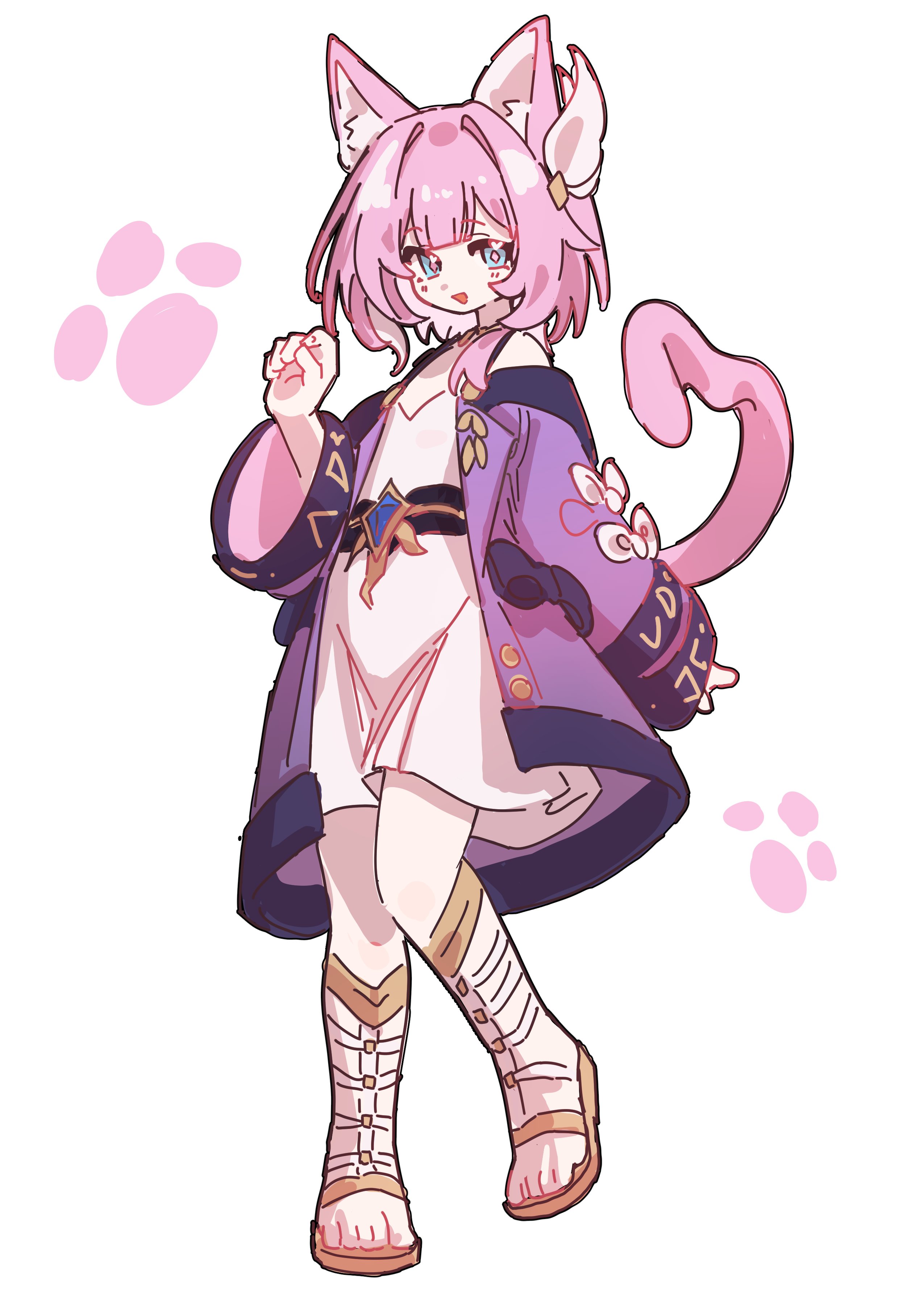 neneneneko, cyrene (honkai: star rail), honkai: star rail, honkai (series), absurdres, highres, 1girl, animal ear fluff, animal ears, blue eyes, breasts, cat ears, cat tail, coat, dress, full body, hair ornament, jewelry, looking at viewer, multicolored hair, necklace, paw print, paw print background, pink hair, purple coat, sandals, short hair, small breasts, smile, solo, tail, two-tone hair, white dress, white hair