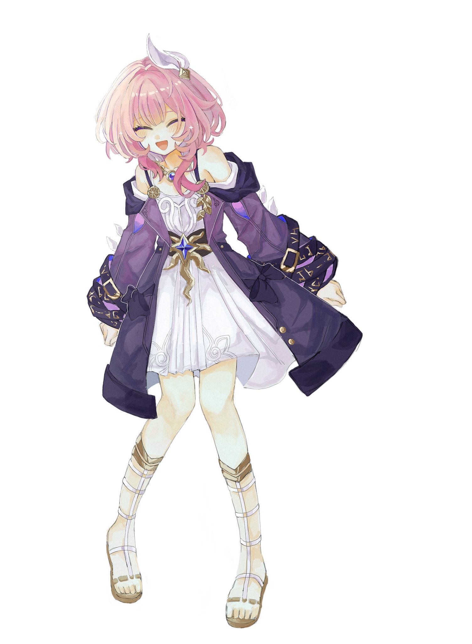 cyrene (honkai: star rail), honkai: star rail, honkai (series), commentary, highres, symbol-only commentary, 1girl, bare shoulders, breasts, coat, dress, full body, hair ornament, jewelry, necklace, open mouth, pink hair, purple coat, sandals, short hair, simple background, small breasts, smile, solo, toes, uoooo114, white background, white dress