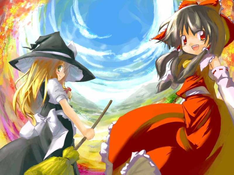 neki-t, hakurei reimu, kirisame marisa, touhou, 2girls, :d, apron, ascot, black dress, blonde hair, blue sky, bow, brooch, brown eyes, brown hair, collar, cowboy shot, day, detached sleeves, dress, female focus, hair bow, hat, holding, jewelry, long sleeves, looking at viewer, multiple girls, nature, open mouth, outdoors, plant, red bow, red eyes, red skirt, skirt, sky, smile, vest, waist apron, witch hat