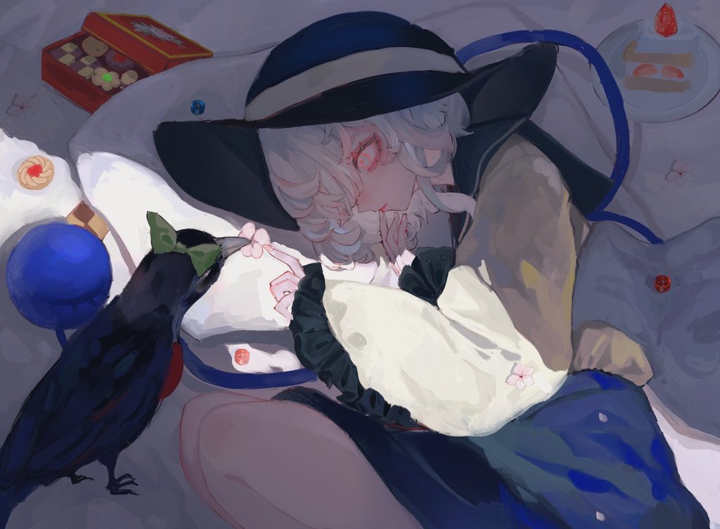 mashi (pixiv zcjd2538), komeiji koishi, reiuji utsuho, reiuji utsuho (bird), touhou, 2girls, bird, black bird, black hat, bow, cake, cake slice, checkerboard cookie, cookie, crow, eyeball, food, frilled shirt collar, frilled sleeves, frills, green bow, green skirt, hat, hat ribbon, multiple girls, pillow, plate, ribbon, shirt, skirt, strawberry shortcake, third eye, thumbprint cookie, white hair, wide sleeves, yellow ribbon, yellow shirt