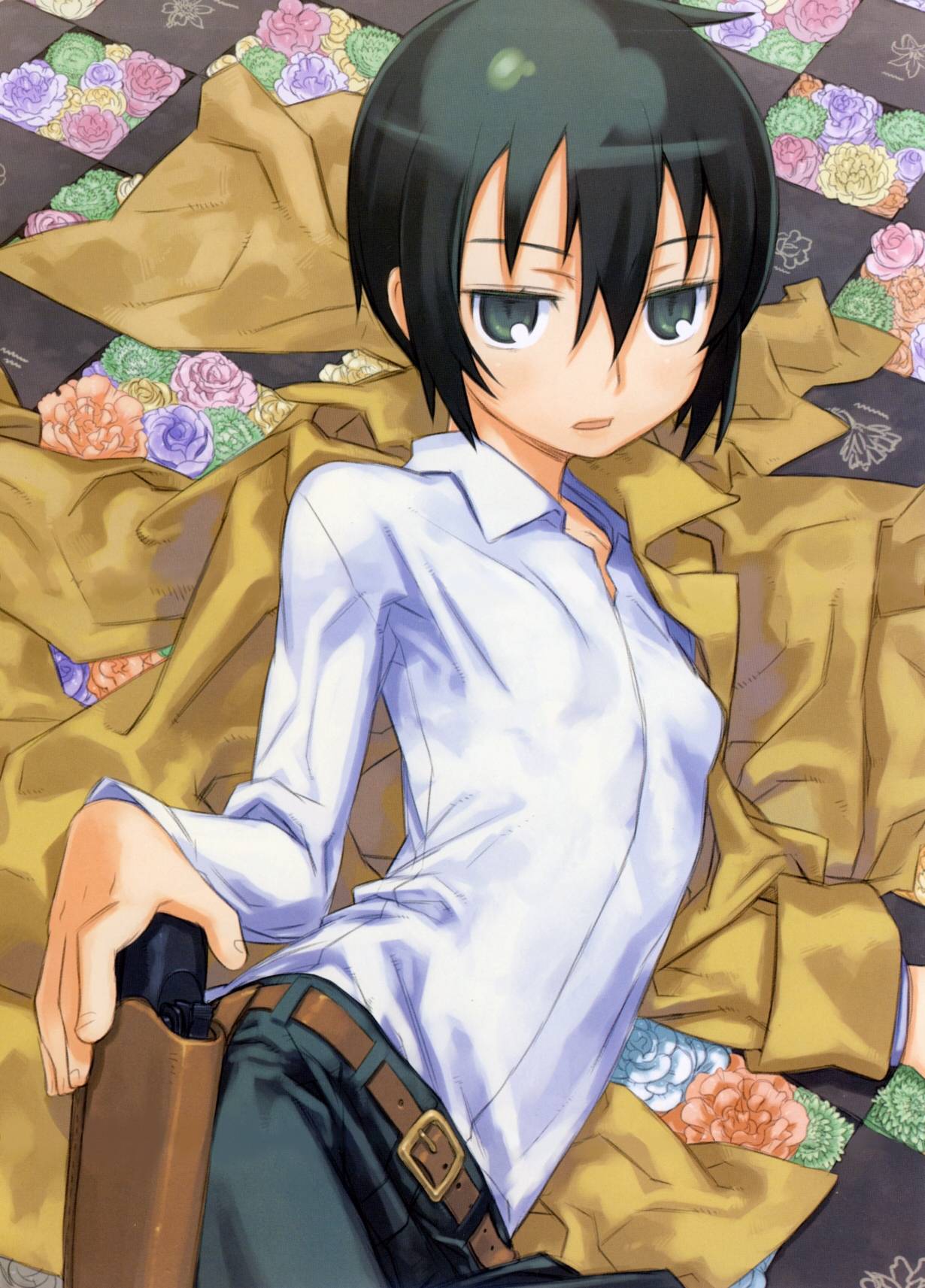 kuroboshi kouhaku, kino (kino no tabi), kino no tabi, duplicate, highres, 00s, 1girl, androgynous, blouse, coat, collared shirt, female focus, green eyes, gun, hair between eyes, handgun, holster, holstered, reverse trap, revolver, shirt, short hair, solo, tomboy, weapon, white shirt