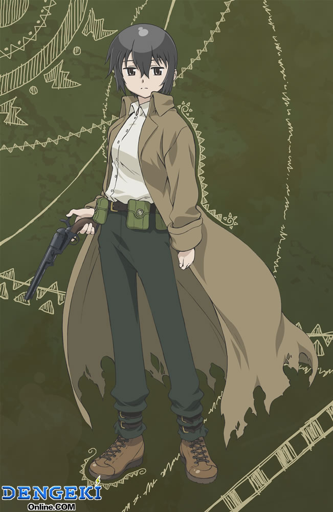 kino (kino no tabi), kino no tabi, 00s, 1girl, androgynous, belt pouch, boots, coat, cocked hammer, female focus, gun, handgun, looking at viewer, pouch, reverse trap, revolver, short hair, solo, torn clothes, weapon