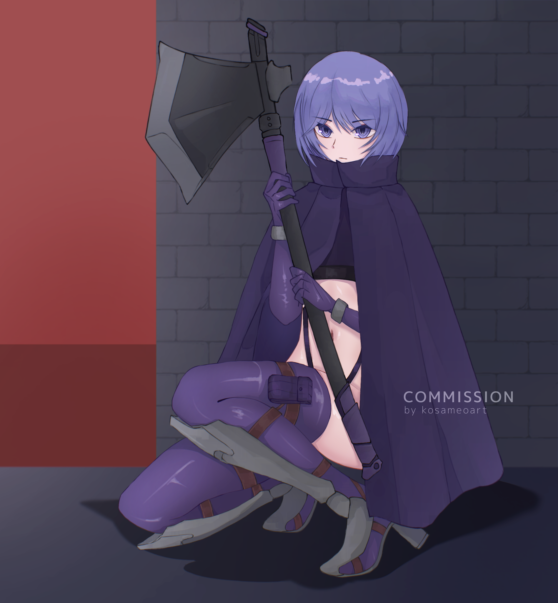 martyr (the citadel), the citadel, 1girl, ammunition pouch, axe, boots, cloak, high heel boots, high heels, holding, holding weapon, long sleeves, navel, pouch, purple eyes, purple hair, short hair, solo, squatting, weapon