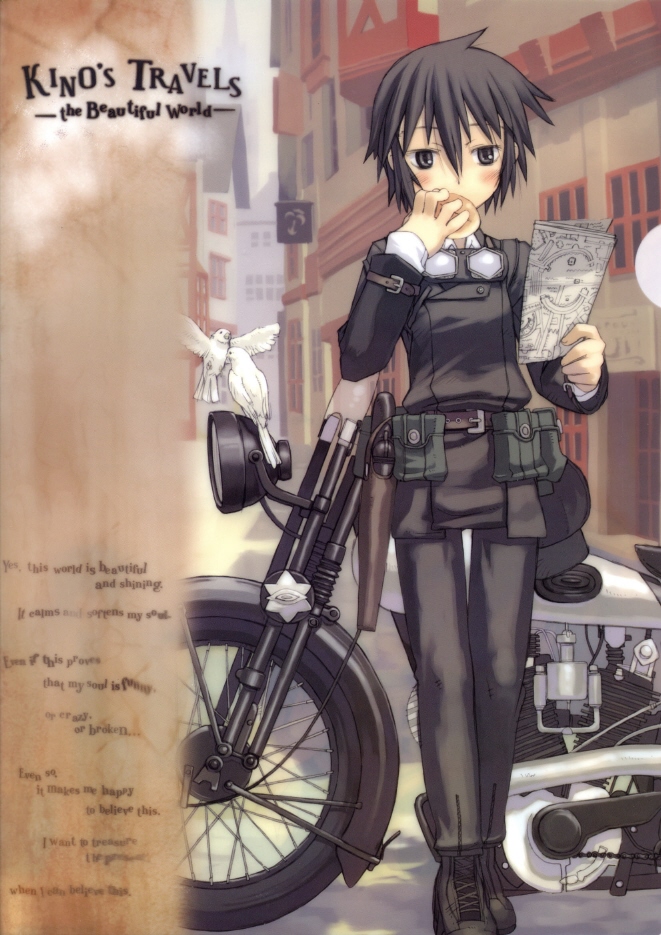 kuroboshi kouhaku, hermes (kino no tabi), kino (kino no tabi), kino no tabi, vehicle, corrupted metadata, 00s, 1girl, androgynous, belt pouch, bird, boots, coat, dove, eating, female focus, gun, handgun, holster, map, motor vehicle, motorcycle, pouch, reverse trap, revolver, short hair, solo, weapon