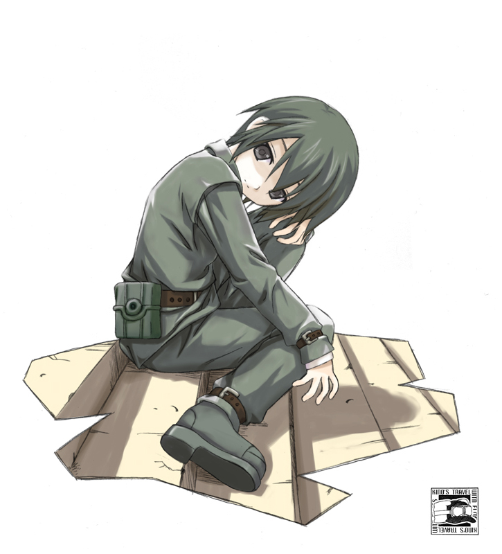 kino (kino no tabi), kino no tabi, 00s, 1girl, androgynous, boots, female focus, green boots, green hair, looking at viewer, reverse trap, short hair, simple background, sitting, solo, white background