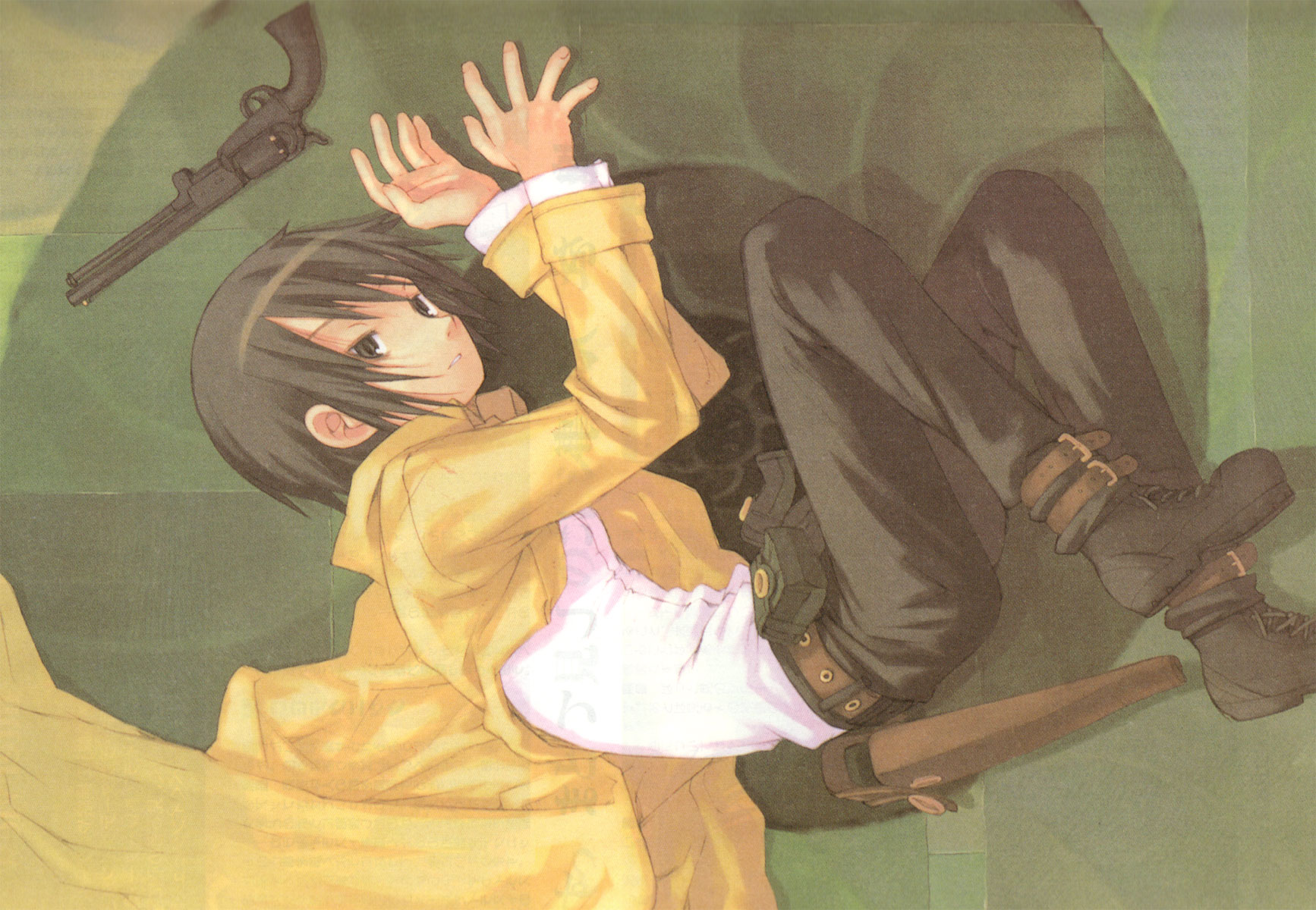 kuroboshi kouhaku, kino (kino no tabi), kino no tabi, highres, 00s, 1girl, androgynous, belt pouch, black boots, blouse, boots, coat, female focus, gun, handgun, holster, lying, pouch, reverse trap, revolver, shirt, short hair, solo, spiked hair, weapon, white shirt