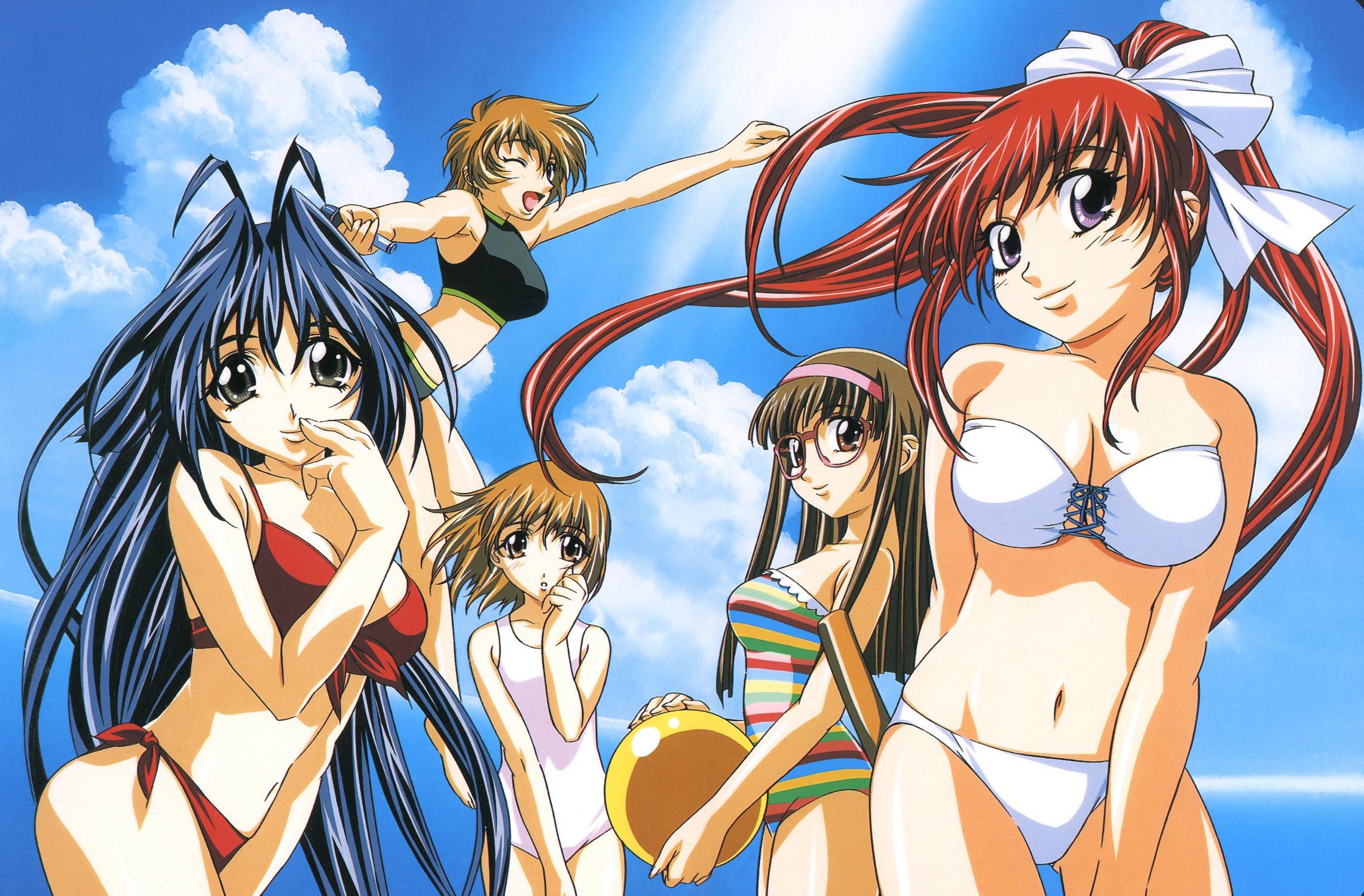gotou keiji, kiribayashi azumi, mitsurugi ryouko, nakamura tamaki, onizuka miyuki, yuuki hitomi, real bout high school, highres, 5girls, ;d, antenna hair, ball, bare shoulders, beach, beachball, bikini, blue hair, blue sky, bow, breasts, cleavage, cloud, collarbone, day, glasses, hair bow, hairband, holding, large breasts, long hair, looking at viewer, microphone, midriff, multiple girls, navel, one-piece swimsuit, one eye closed, open mouth, outdoors, outstretched arm, ponytail, purple eyes, red bikini, red hair, side-tie bikini bottom, sky, smile, striped clothes, striped one-piece swimsuit, swimsuit, tankini, very long hair, white bikini, white one-piece swimsuit, wink