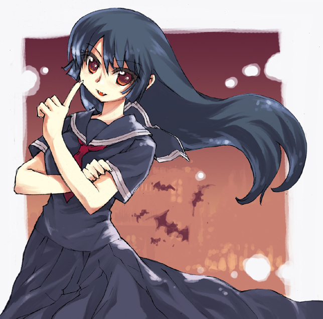 duke (inu daimyou), kamura reiri, kaibutsu oujo, 00s, bat (animal), black hair, fangs, red eyes, school uniform, serafuku, solo, vampire