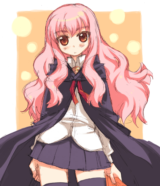 duke (inu daimyou), louise francoise le blanc de la valliere, zero no tsukaima, 00s, 1girl, black thighhighs, brown eyes, cape, expressionless, female focus, long hair, pentacle, pink hair, sketch, skirt, solo, thighhighs