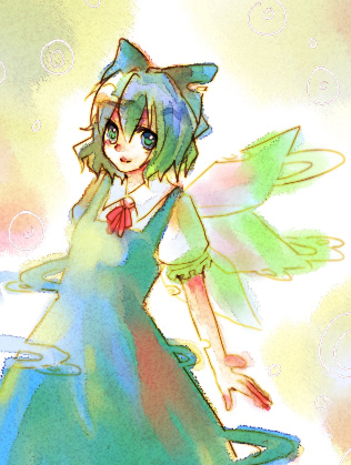 kagurazaka iroha, cirno, touhou, lowres, 1girl, blue bow, blue eyes, blue hair, bow, collar, cowboy shot, crystal, female focus, hair bow, ice, ice wings, looking at viewer, matching hair/eyes, red ribbon, ribbon, short hair, solo, wings