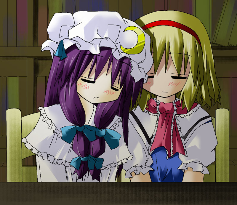 murabito, alice margatroid, patchouli knowledge, touhou, 2girls, blonde hair, blush, book, female focus, hat, library, multiple girls, purple hair, sleeping, voile