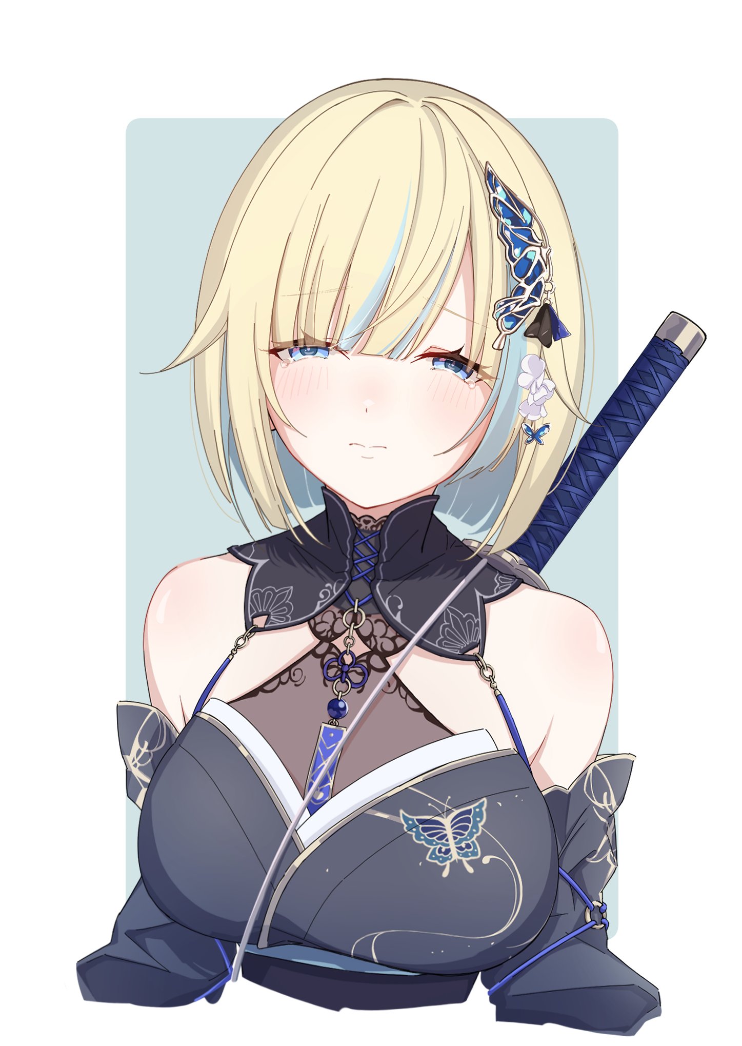 aizawa ema, aizawa ema (5th costume), vspo!, highres, 1girl, animal print, aqua hair, aqua streaks, backless kimono, bare shoulders, blonde hair, blue butterfly, blue dress, blue eyes, blue hair, breasts, bug, butterfly, butterfly earrings, butterfly hair ornament, butterfly print, chokutou, colored inner hair, detached sleeves, dress, earrings, furisode sleeves, gradient hair, hair flaps, hair ornament, holding, holding weapon, insect, japanese clothes, jewelry, katana, kimono, kimono dress, kyottie, large breasts, light blush, long sleeves, looking at viewer, multicolored hair, o-ring, pleated dress, pleated sleeves, see-through cleavage, see-through clothes, short hair, simple background, sleeveless, sleeveless kimono, solo, streaked hair, sword, sword on back, tearing up, turtleneck, upper body, virtual youtuber, weapon, weapon on back