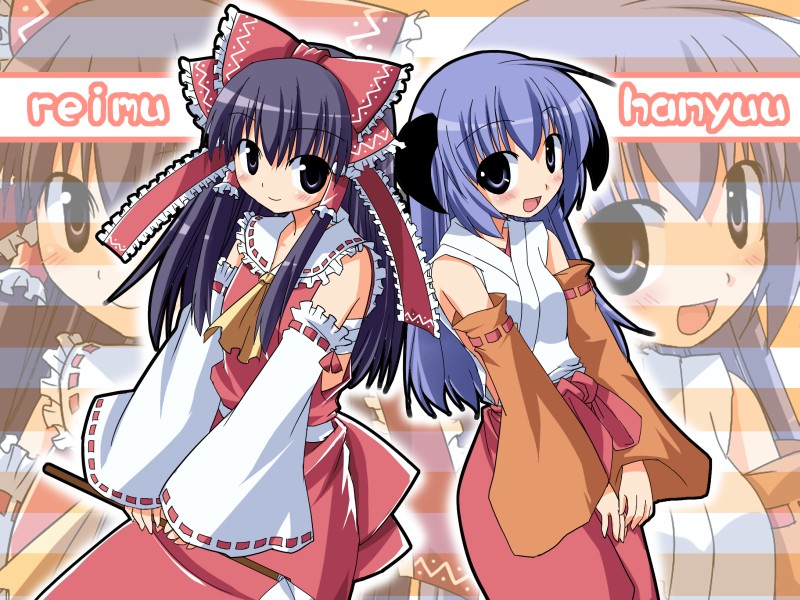hoshi umi, hakurei reimu, hanyuu, higurashi no naku koro ni, touhou, 00s, 2girls, character name, crossover, hakama, hakama skirt, japanese clothes, miko, multiple girls, red hakama, skirt