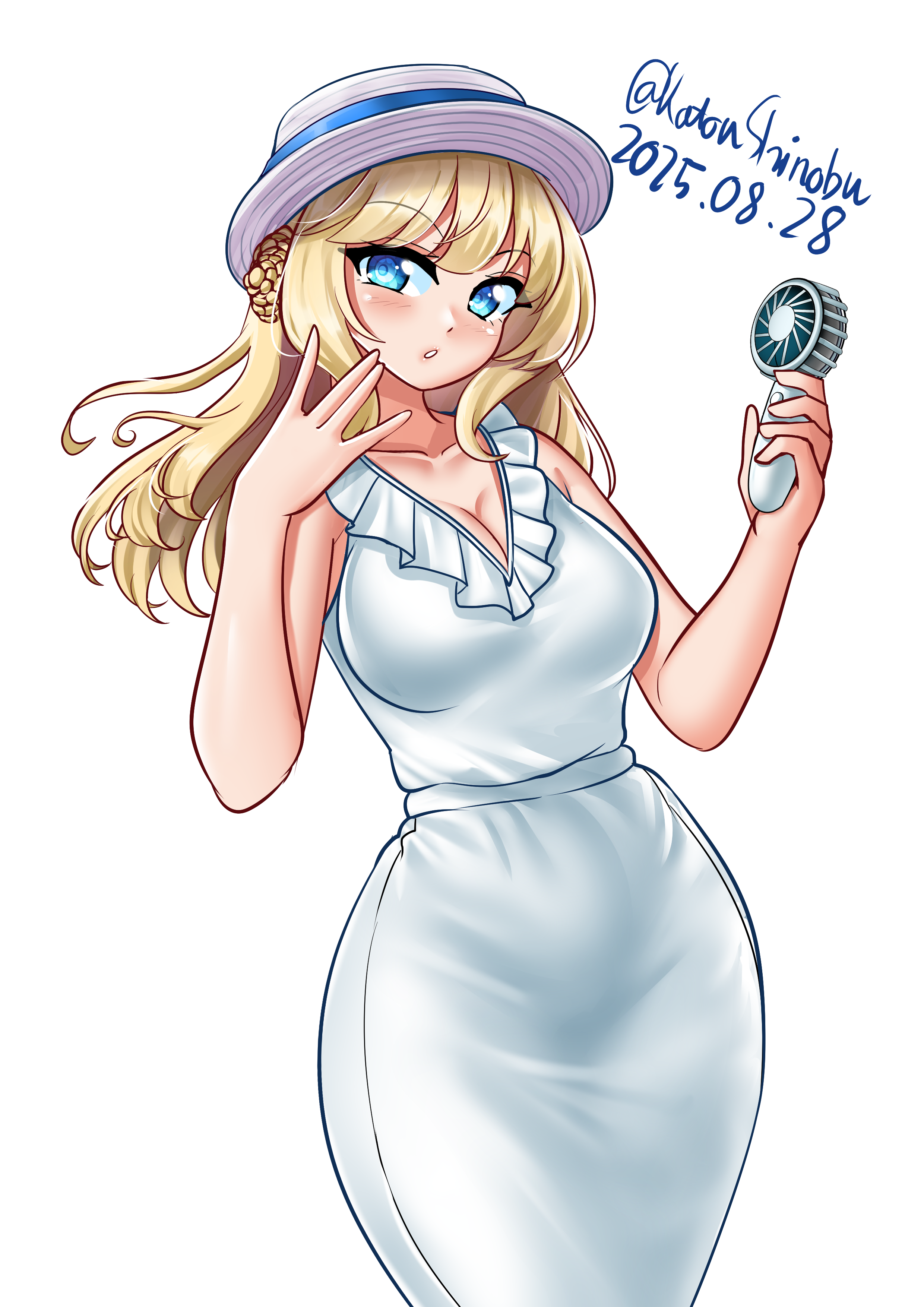 katou shinobu, ranger (kancolle), kantai collection, absurdres, highres, 1girl, alternate costume, blue eyes, braid, braided bun, breasts, cleavage, cowboy shot, dated, dress, frilled dress, frills, hair bun, hand fan, hat, holding, holding fan, long hair, looking at viewer, medium breasts, one-hour drawing challenge, simple background, single side bun, sleeveless, sleeveless dress, solo, twitter username, white background, white dress, white hat