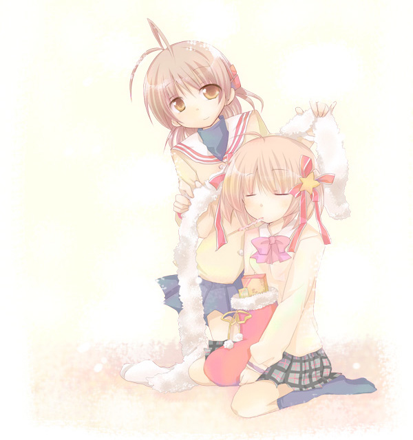furui suguri, furukawa nagisa, kamikita komari, clannad, key (company), little busters!, 00s, 2girls, bow, brown hair, christmas, company connection, crossover, mouth hold, multiple girls, pink bow, ribbon, school uniform, serafuku