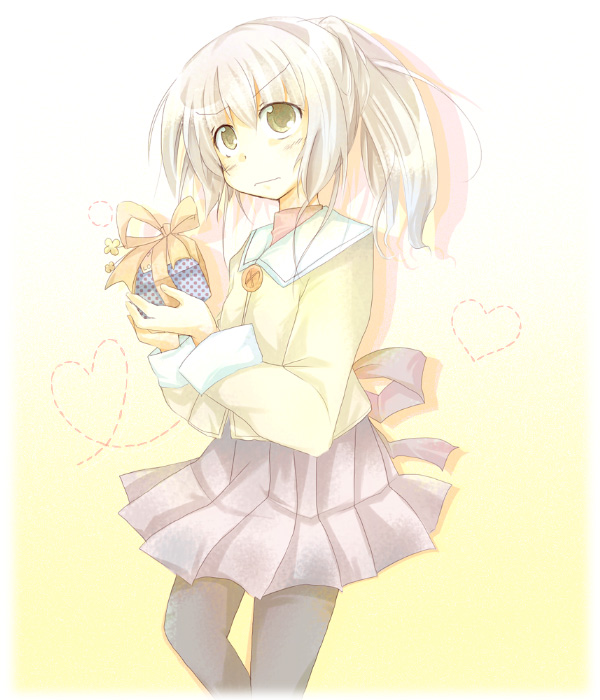 furui suguri, 1girl, female focus, gift, holding, holding gift, pantyhose, ponytail, solo, white hair, yellow eyes