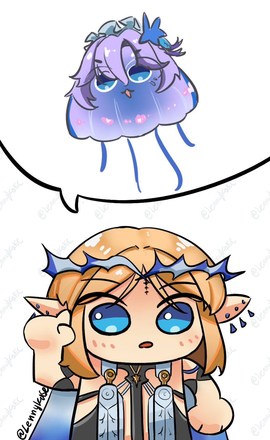lennykaise, cantarella (wuthering waves), cartethyia (wuthering waves), wuthering waves, commentary, highres, 1girl, animalization, bare shoulders, blonde hair, blue eyes, crown of thorns, english text, extra eyes, hand up, index finger raised, jellyfish, jewelry, long hair, looking at viewer, necklace, parted lips, pointy ears, solo, tabard, twitter username, upper body, water, white tabard