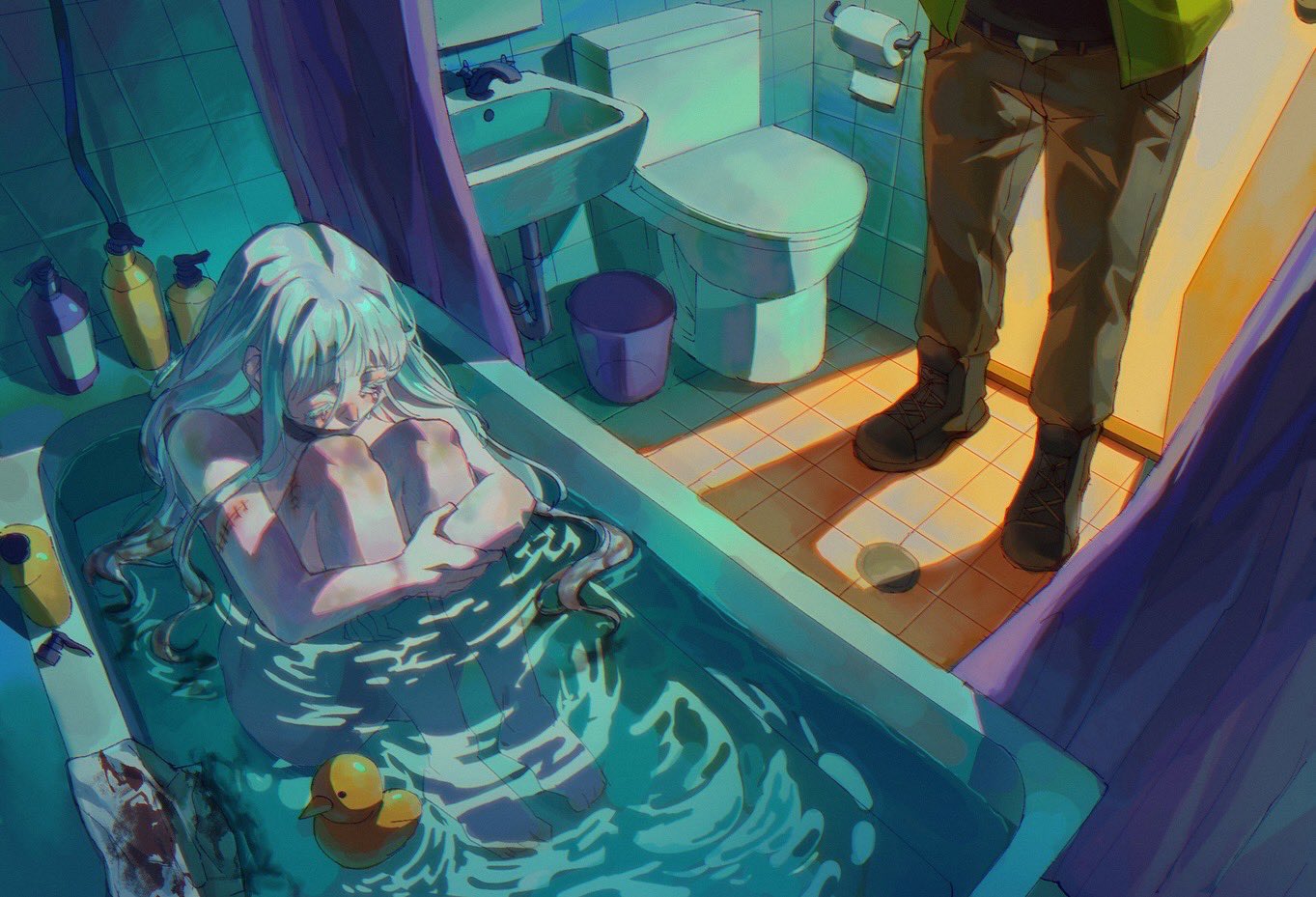 boyfriend to death, commentary, english commentary, 1boy, 1girl, artist self-insert, bathroom, boots, bruise, clothed male nude female, curled up, curtains, from above, half-closed eye, hand on own arm, hugging own legs, in bathtub, indoors, injury, looking at another, mirror, nude, one eye closed, open door, pants, partially submerged, peeking, ripples, rubber duck, shadow, sink, sitting, soap bottle, soureeeee, standing, stitches, strade (boyfriend to death), tile floor, tile wall, tiles, toilet, toilet paper, trash can
