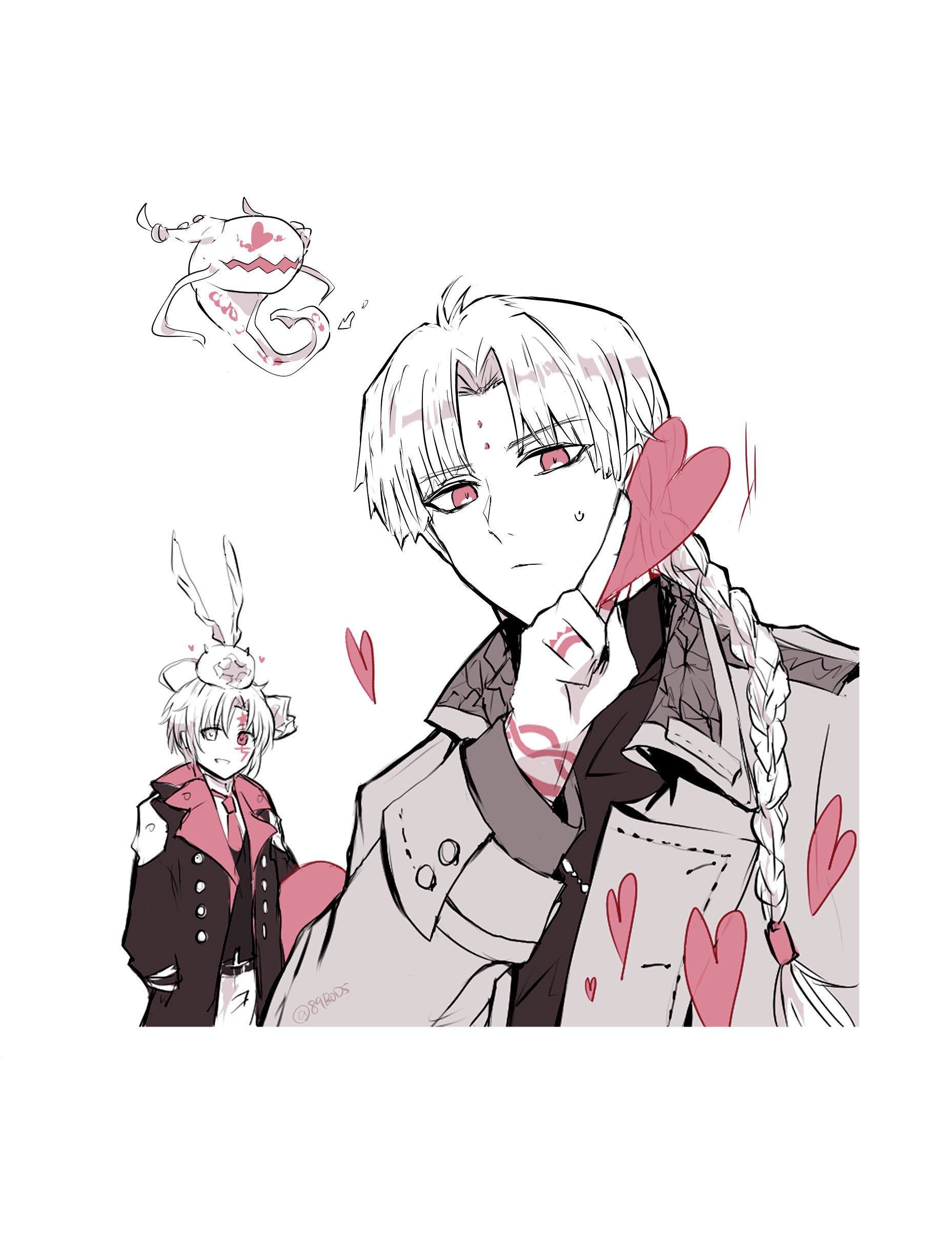 sodamachi, allen walker, howard link, timcanpy, d.gray-man, absurdres, highres, 2boys, antenna hair, atuuda, belt, black order uniform, braid, braided ponytail, coat, collared coat, creature, creature on head, cross, facial mark, finger tattoo, forehead mark, golem (d.gray-man), hair between eyes, hair over shoulder, hand in pocket, heart, heterochromia, holding, holding heart, horns, long hair, looking at viewer, male focus, monochrome, multiple boys, necktie, pants, parted lips, pink eyes, pink necktie, scar, scar across eye, scar on face, shirt, short hair, sidelocks, simple background, smile, spot color, star (symbol), star facial mark, striped coat, sweat, sweatdrop, tail, tattoo, tentacles, trench coat, turtleneck, turtleneck shirt, vest, white background, wings, wrist tattoo