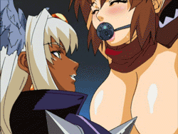 oobari masami, fudo ayame, fudou ayame, nailkaiser, angel blade, animated, animated gif, anime screenshot, lowres, 00s, 2girls, areola piercing, asymmetrical docking, ball gag, bdsm, biting, bondage, bound, breast press, breast sucking, breastfeeding, breasts, brown hair, covered erect nipples, dark-skinned female, dark skin, female focus, gag, gagged, grabbing another's breast, green nails, groping, head wings, interlocking nipples, interracial, lactation, large breasts, light areolae, long hair, multiple girls, nail polish, nipple biting, nipple piercing, nipple pull, nipple stimulation, nipples, nipples touching, piercing, saliva, short hair, white hair, wings, yuri
