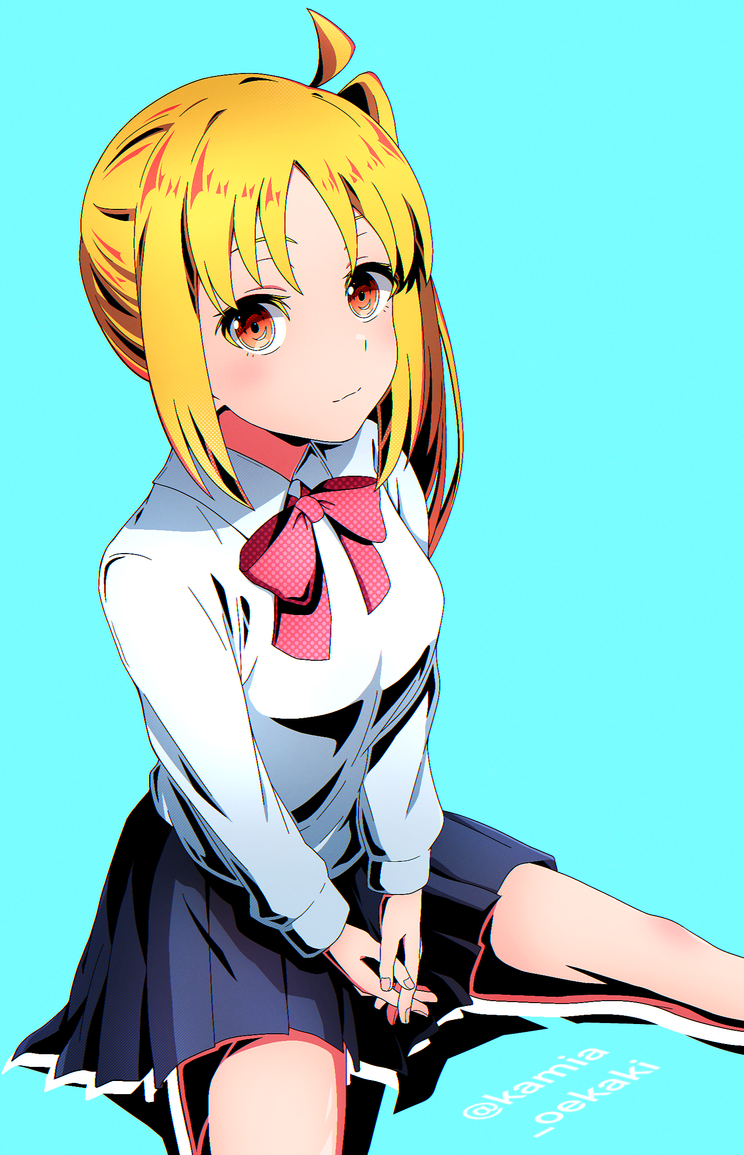 kamia oekaki, ijichi nijika, bocchi the rock!, highres, 1girl, ahoge, blonde hair, blue background, blue skirt, blush, bow, bowtie, detached ahoge, interlocked fingers, long hair, long sleeves, looking at viewer, one side up, pixiv username, pleated skirt, polka dot, polka dot bow, polka dot bowtie, red bow, red bowtie, red eyes, school uniform, shimokitazawa high school uniform, shirt, side ponytail, simple background, sitting, skirt, smile, solo, twitter username