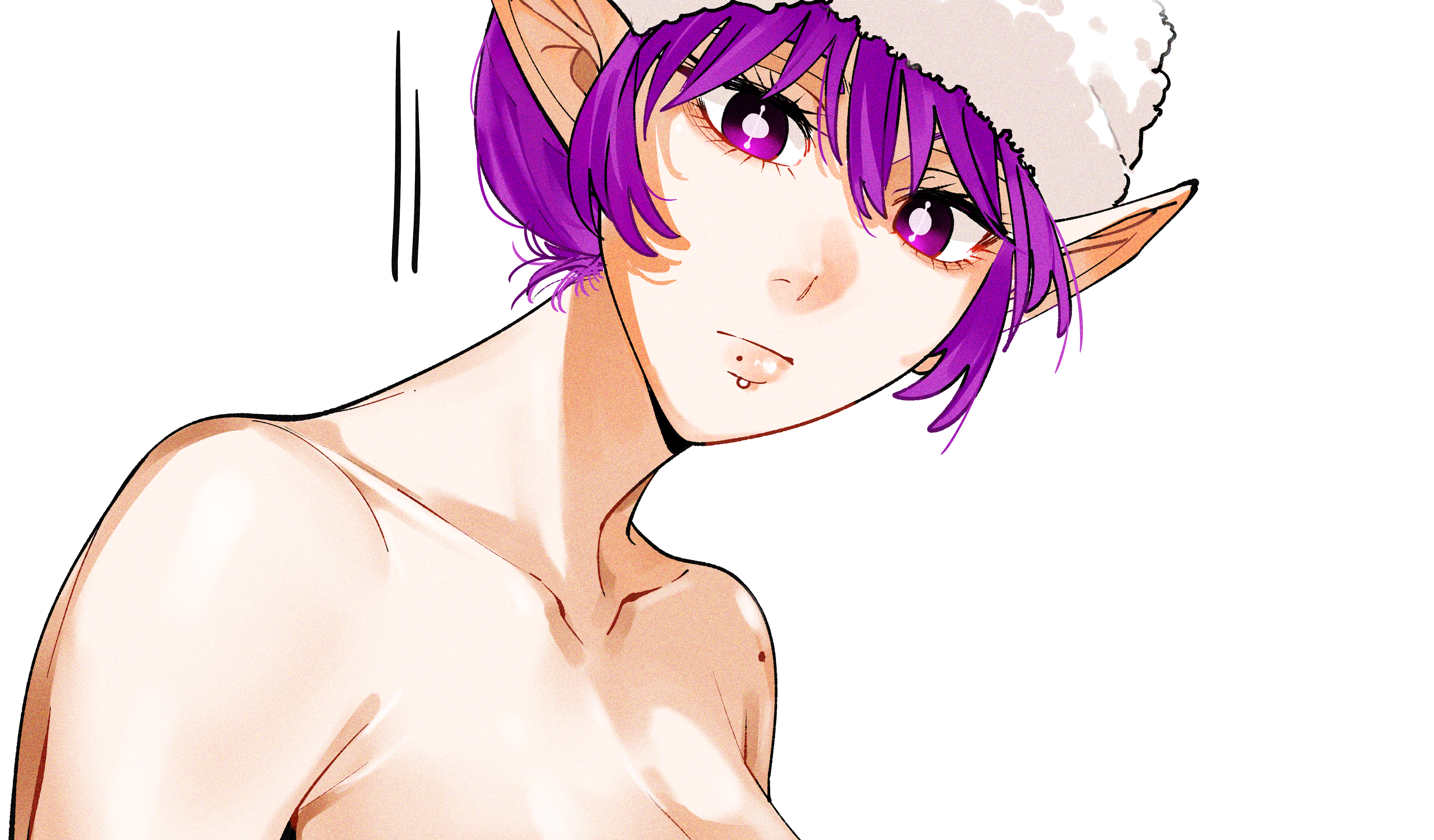 kamisato sora, original, absurdres, highres, 1girl, bare shoulders, breasts, bright pupils, cleavage, closed mouth, face piercing, labret piercing, lips, looking at viewer, mole, mole on lips, mole on shoulder, multiple moles, nude, piercing, pointy ears, purple eyes, purple hair, simple background, solo, towel, towel on head, white background, white pupils