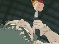 kunoichi gakuen ninpouchou, animated, animated gif, lowres, 1boy, 1girl, brown hair, crushing, falling, fart, gas, hetero, knife, motion lines, ninja, pussy, reverse grip, sex, speed lines, uncensored, what