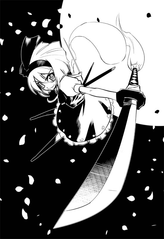 heijitsu (paapuu), konpaku youmu, konpaku youmu (ghost), touhou, 1girl, female focus, greyscale, hitodama, katana, monochrome, solo, sword, weapon