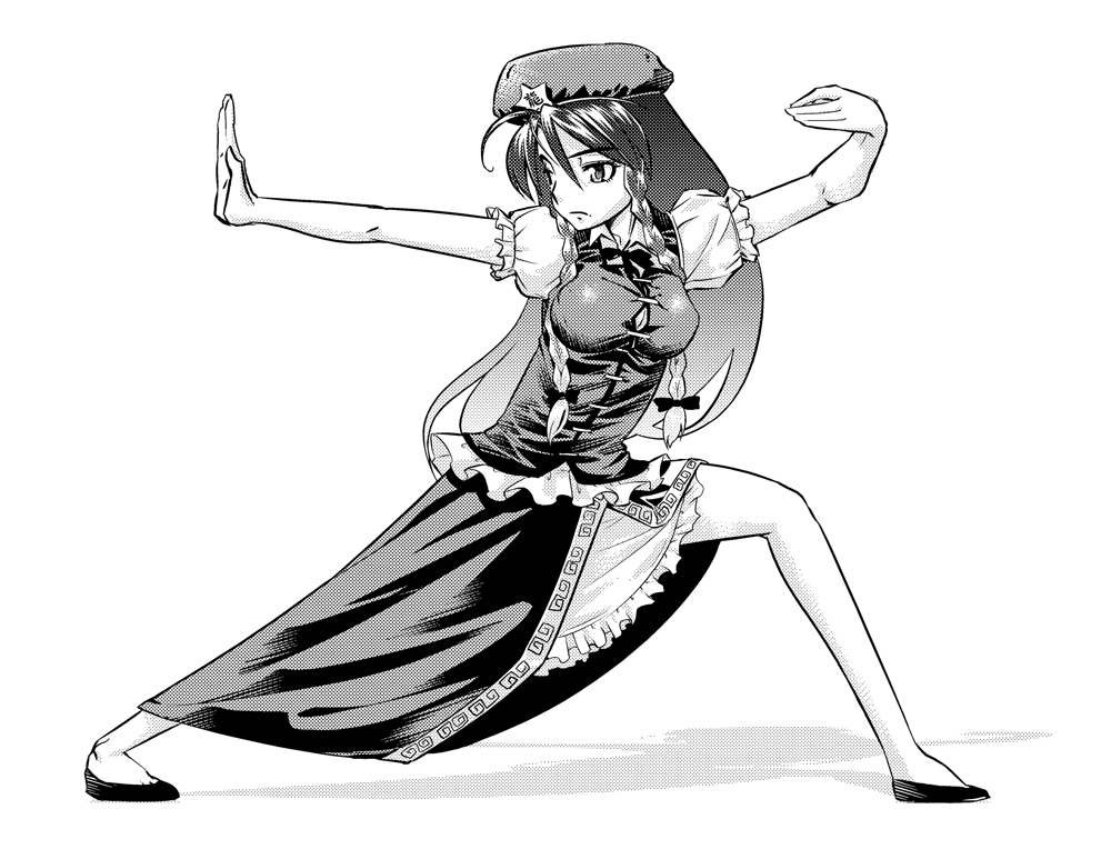 heijitsu (paapuu), hong meiling, immaterial and missing power, touhou, 1girl, ahoge, bow, braid, breasts, female focus, fighting stance, frown, full body, greyscale, hair bow, hat, large breasts, long hair, monochrome, neck ribbon, puffy short sleeves, puffy sleeves, ribbon, shoes, short sleeves, solo, star (symbol), twin braids, white background, wing collar
