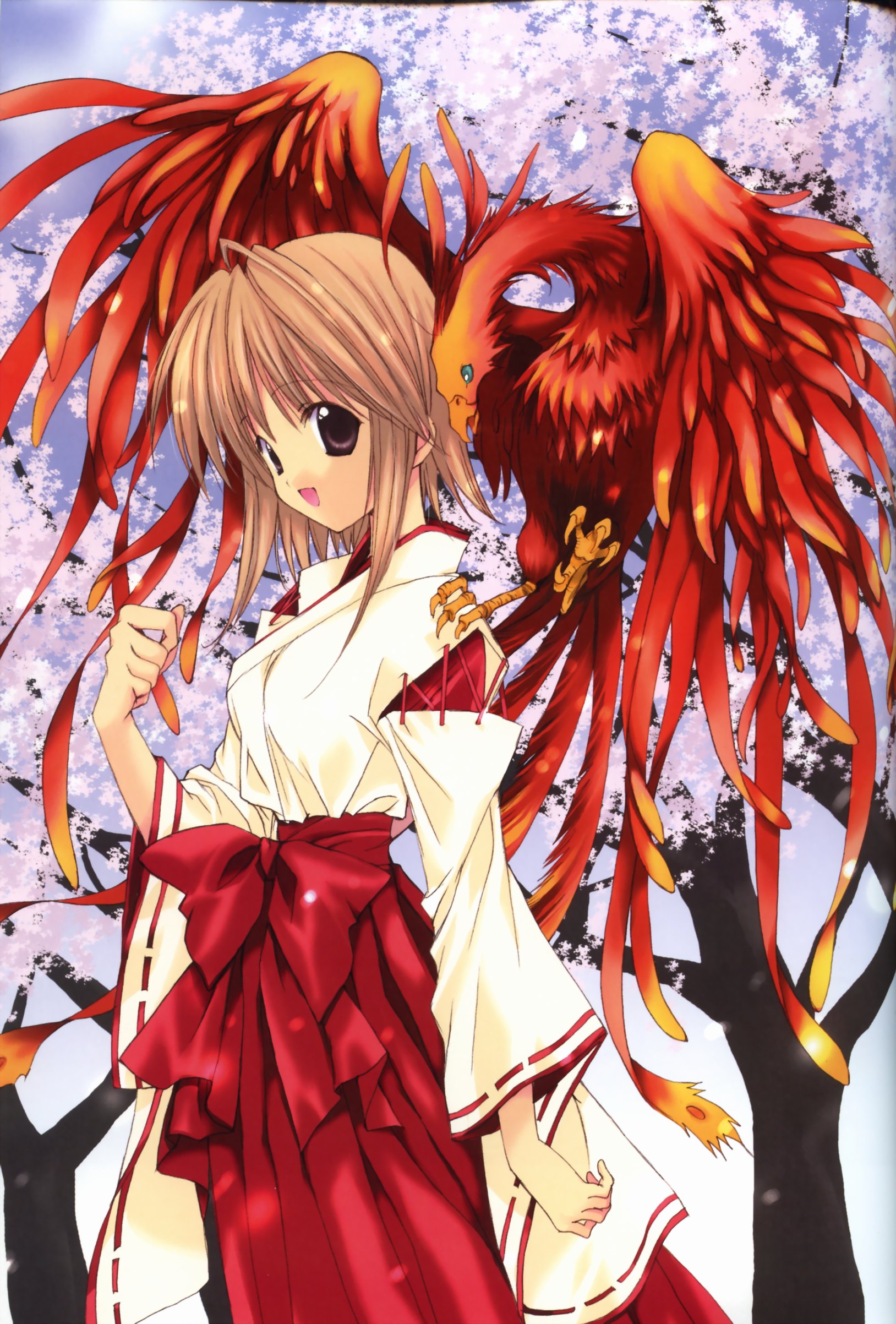 nanase aoi, aquarian age, seven colors of the wind, absurdres, artbook, highres, 00s, 1girl, animal, animal on shoulder, bird, bird on shoulder, bow, brown eyes, brown hair, cherry blossoms, female focus, japanese clothes, kimono, nature, open mouth, outdoors, phoenix, solo, tree