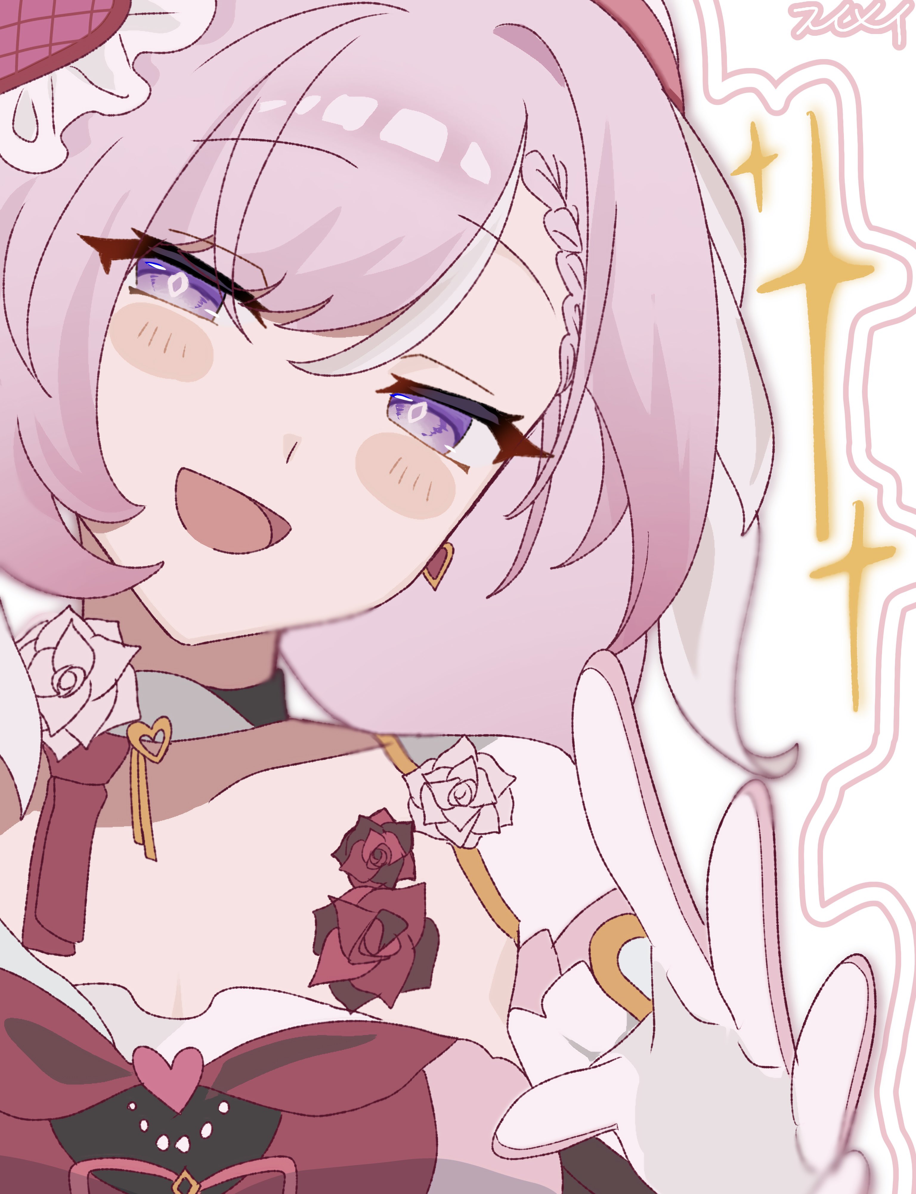 sui mei, elysia (honkai impact), honkai (series), honkai impact 3rd, absurdres, commentary request, highres, 1girl, breasts, diamond-shaped pupils, diamond (shape), dress, earrings, elysia (hi elf of love) (honkai impact), gloves, heart, heart earrings, jewelry, long hair, looking at viewer, open mouth, pink hair, purple eyes, red dress, solo, symbol-shaped pupils, upper body, very long hair, white gloves