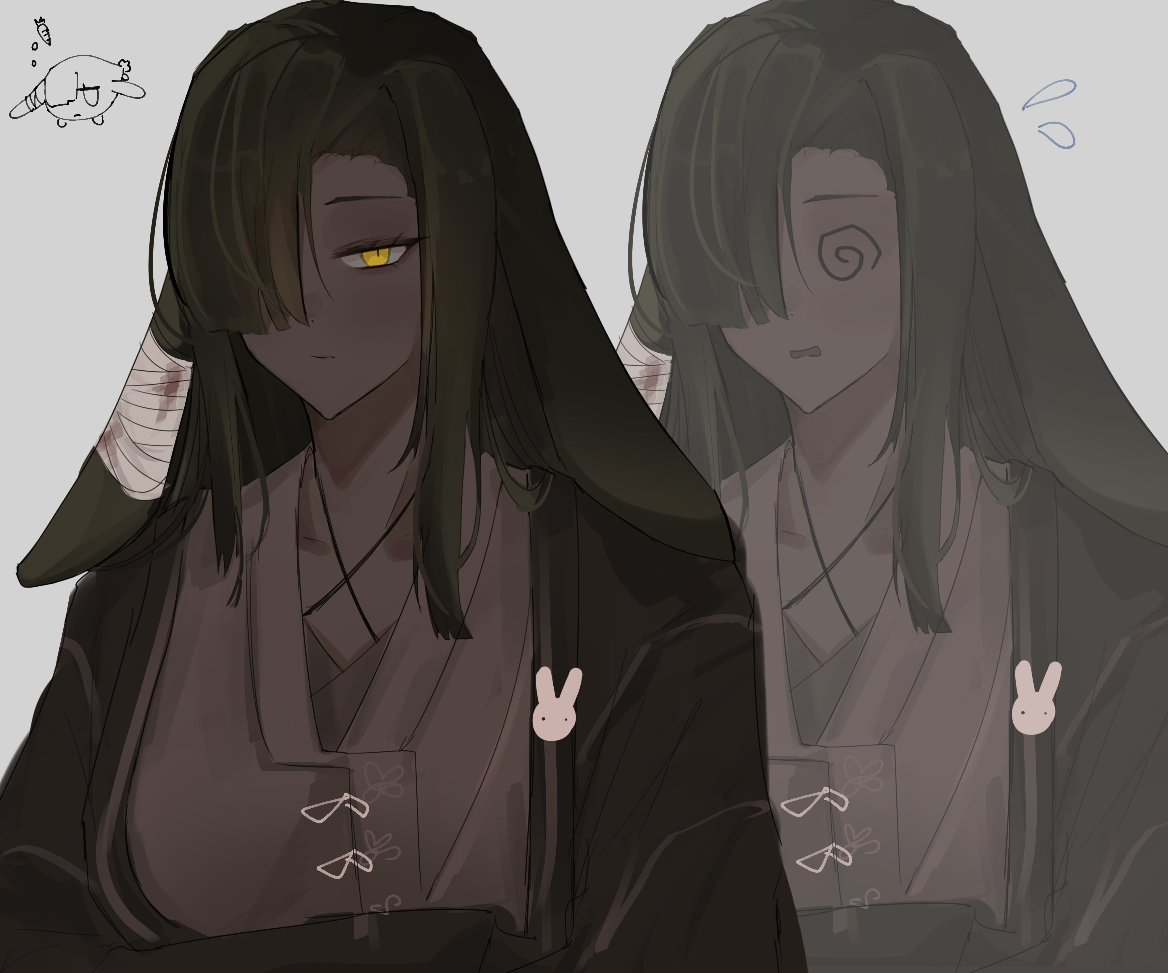 cami (surtrcel), zilu (project moon), limbus company, project moon, absurdres, highres, 1girl, @ @, animal ears, bandaged ear, brown robe, dark-skinned female, dark skin, hair over one eye, long hair, rabbit ears, rabbit pin, robe, sidelocks, simple background, solo, white background, yellow eyes