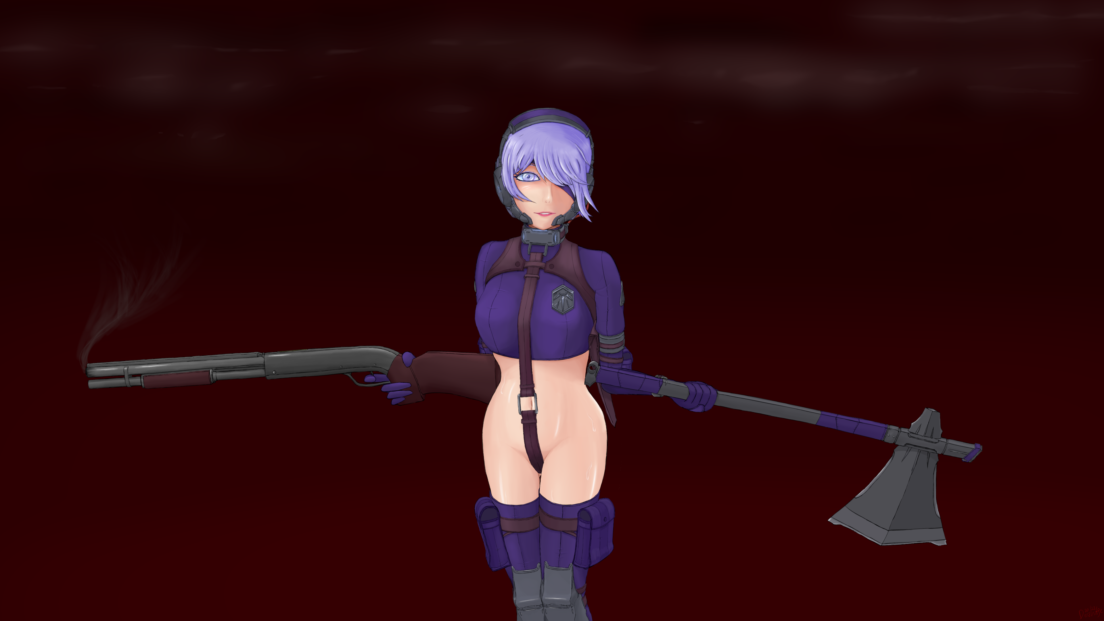 martyr (the citadel), ammunition pouch, asymmetrical dual wielding, axe, badge, boots, crotch strap, dual wielding, gun, headphones, holding, holding weapon, long sleeves, one eye covered, pouch, purple eyes, purple hair, purple shirt, shirt, shotgun, socks, weapon