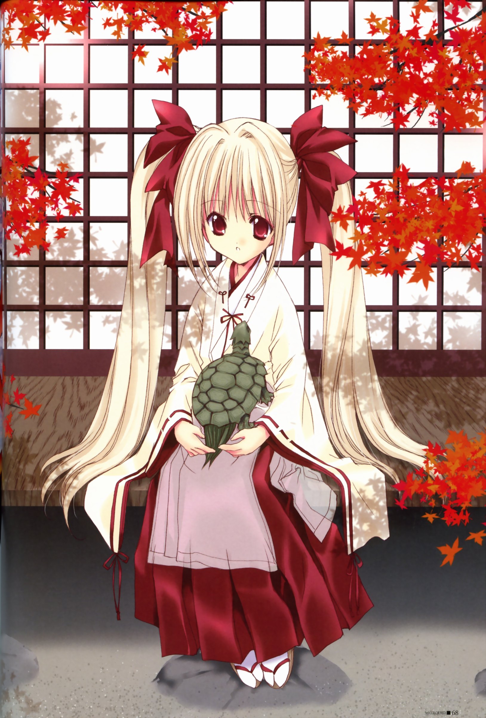 nanase aoi, aquarian age, seven colors of the wind, absurdres, artbook, highres, 00s, 1girl, bow, female focus, hair bow, hakama, hakama skirt, japanese clothes, kimono, leaf, red hakama, skirt, solo, tabi, turtle, twintails
