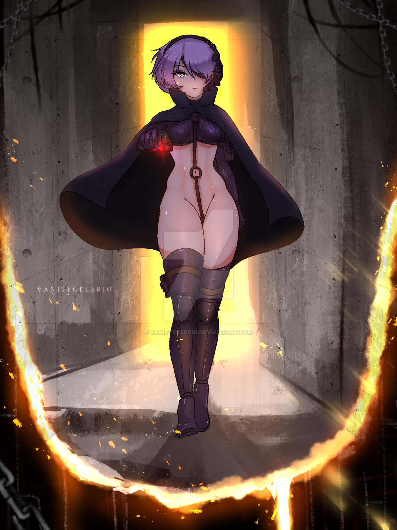 martyr (the citadel), the citadel, 1girl, ammunition pouch, boots, cloak, crotch strap, gun, handgun, headphones, holding, holding gun, holding weapon, laser, long sleeves, navel, one eye covered, pistol, pouch, purple eyes, purple hair, purple thighhighs, revealing clothes, solo, thighhighs, watermark, weapon