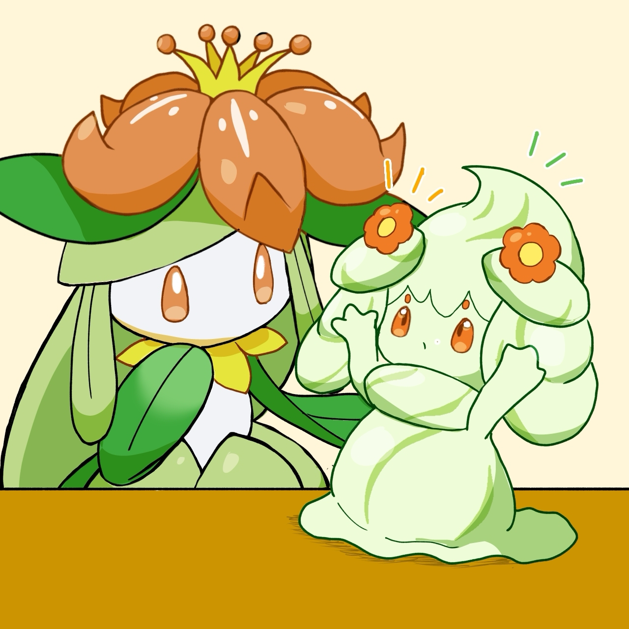 monya, alcremie, alcremie (flower sweet), alcremie (matcha cream), lilligant, nintendo, pokemon, 2girls, arms up, closed mouth, colored sclera, colored skin, crown, female focus, flower, full body, gen 5 pokemon, gen 8 pokemon, green skin, hair flower, hair ornament, hand to own mouth, hand up, long hair, looking at another, looking up, mini crown, monster girl, multicolored hair, multiple girls, no mouth, notice lines, orange background, orange eyes, orange sclera, outstretched arms, plant girl, pokemon (creature), red flower, sidelocks, standing, streaked hair, white eyes, white skin, yellow crown