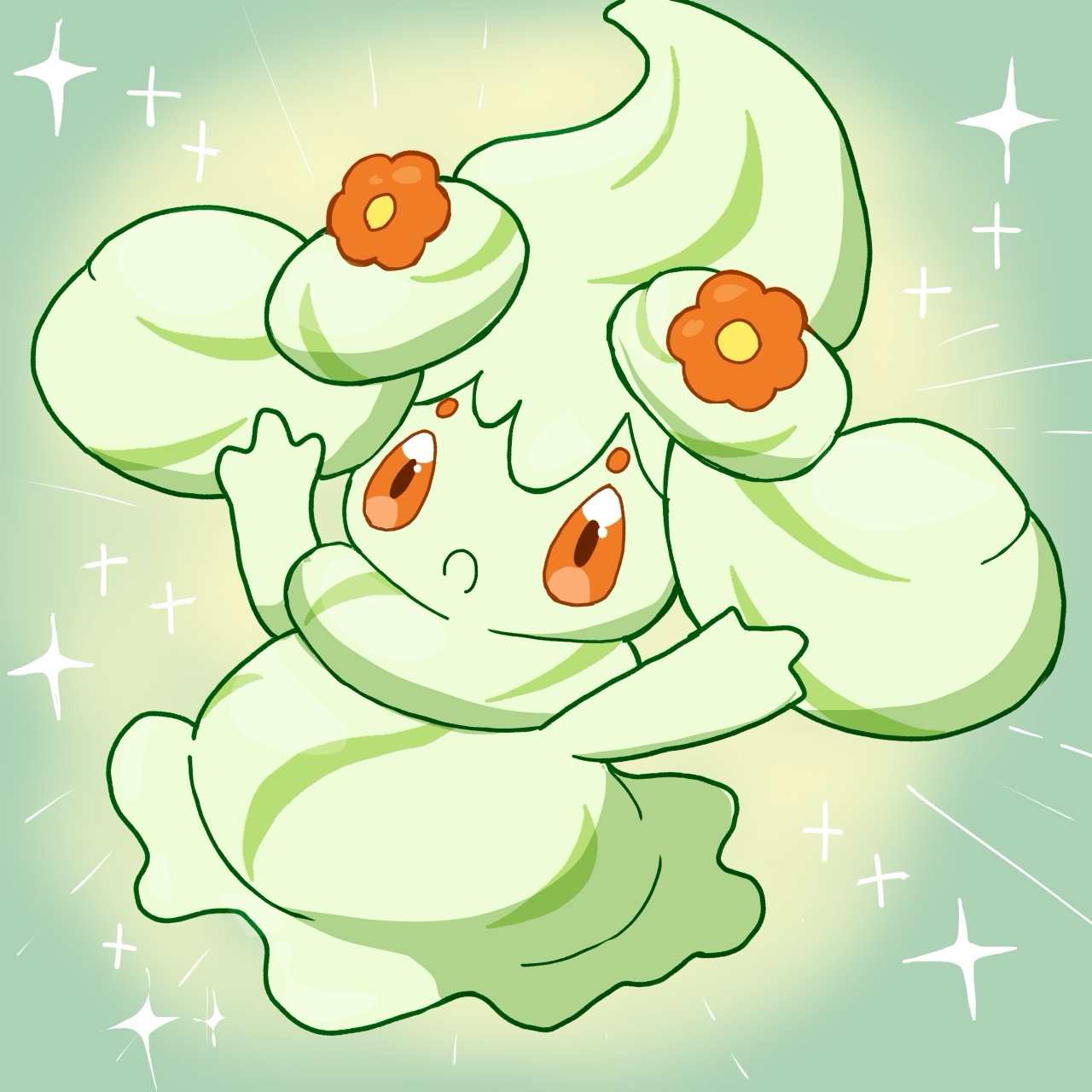monya, alcremie, alcremie (flower sweet), alcremie (matcha cream), nintendo, pokemon, 1girl, :3, arms up, colored skin, female focus, flower, full body, gen 8 pokemon, green background, green hair, green skin, green theme, hair flower, hair ornament, long hair, looking afar, multicolored hair, open mouth, orange eyes, outstretched arms, pokemon (creature), sidelocks, solo, sparkle, streaked hair