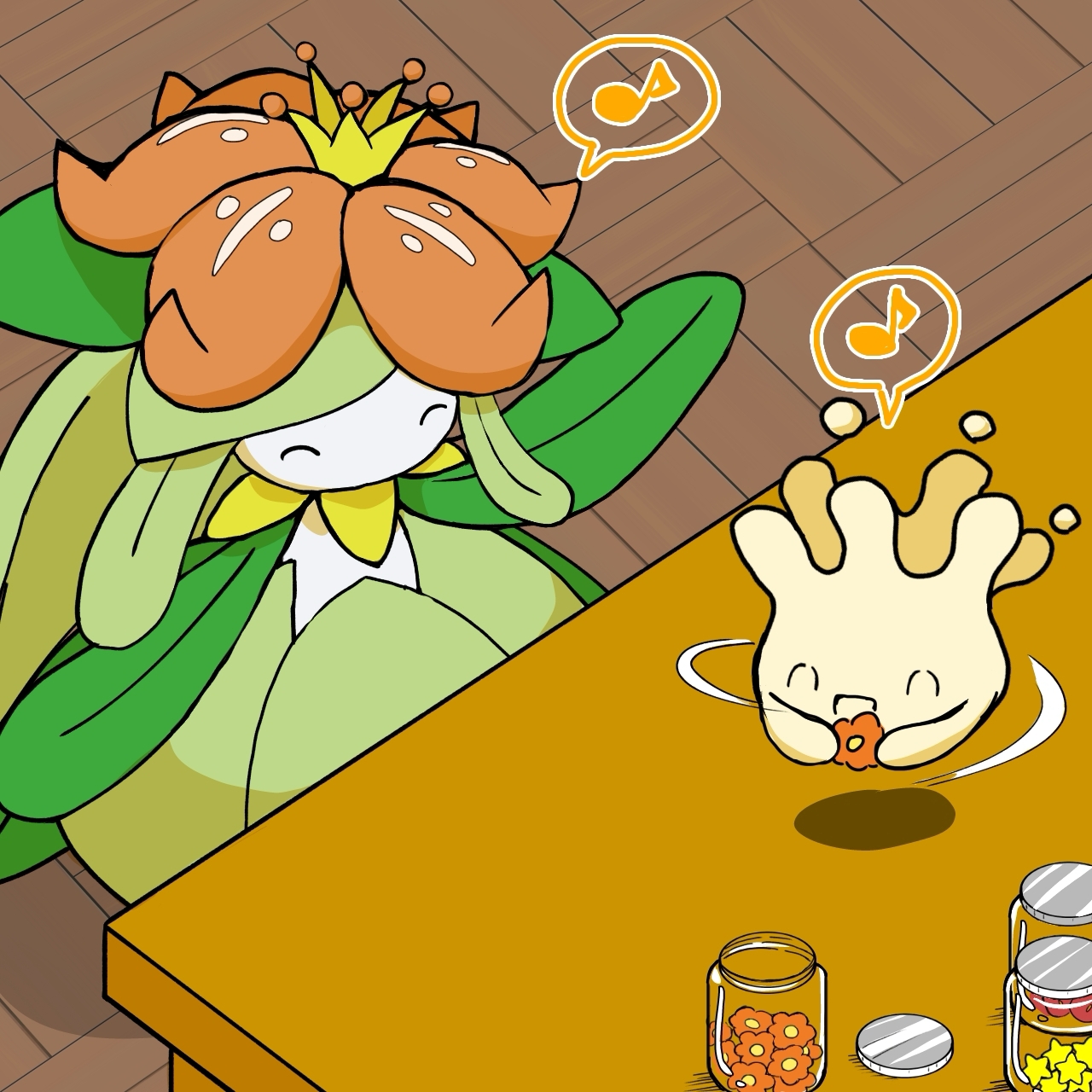 monya, lilligant, milcery, nintendo, pokemon, 1girl, ^ ^, closed eyes, colored skin, crown, female focus, floating, flower, gen 5 pokemon, gen 8 pokemon, green hair, green skin, hair flower, hair ornament, happy, holding, indoors, jar, long hair, mini crown, monster girl, musical note, open mouth, plant girl, pokemon (creature), red flower, smile, speech bubble, spinning, spoken musical note, standing, table, white skin, wooden floor, yellow crown