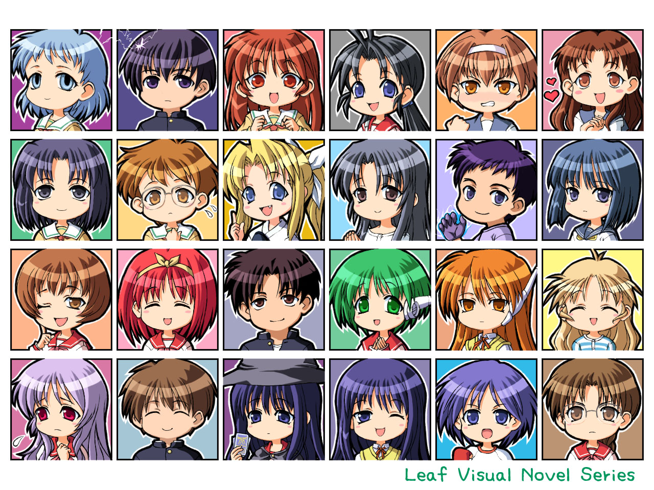 chaccu, kizuato, leaf (studio), shizuku (game), to heart, to heart (series), 4boys, 6+girls, ^ ^, antenna hair, bags under eyes, bob cut, card, chibi, closed eyes, copyright name, everyone, hair intakes, holding, holding card, icon (computing), multiple boys, multiple girls, school uniform, serafuku